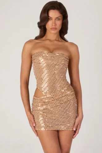 Rania Embellished Cut-Out Mini Dress in Gold