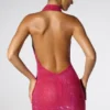 Raquel Embellished Extreme Cowl Neck Halter Mini Dress in Hot Pink