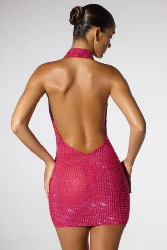 Raquel Embellished Extreme Cowl Neck Halter Mini Dress in Hot Pink