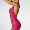 Raquel Embellished Extreme Cowl Neck Halter Mini Dress in Hot Pink