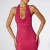 Raquel Embellished Extreme Cowl Neck Halter Mini Dress in Hot Pink