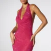 Raquel Embellished Extreme Cowl Neck Halter Mini Dress in Hot Pink