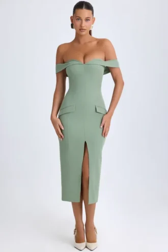 Rasine Off-Shoulder Midaxi Dress in Khaki Green