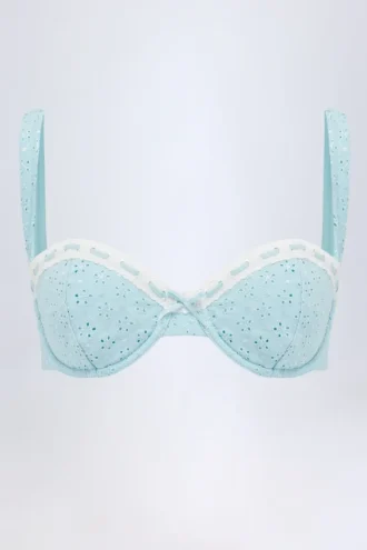 Ravello Broderie Anglaise Underwired Balconette Bikini Top in Powder Blue