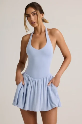 Reanna Modal Backless Halterneck Mini Dress in Light Blue