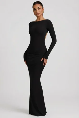 Regine Modal Ruched Backless Maxi Dress in Black