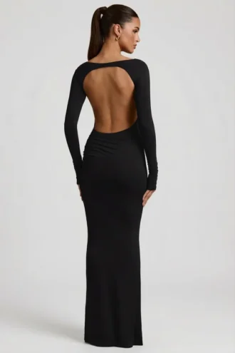 Regine Modal Ruched Backless Maxi Dress in Black