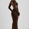 Regine Modal Ruched Backless Maxi Dress in Chocolate Brown
