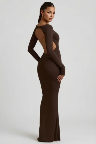 Regine Modal Ruched Backless Maxi Dress in Chocolate Brown