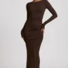 Regine Modal Ruched Backless Maxi Dress in Chocolate Brown