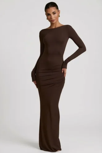 Regine Modal Ruched Backless Maxi Dress in Chocolate Brown