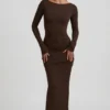 Regine Modal Ruched Backless Maxi Dress in Chocolate Brown