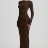 Regine Modal Ruched Backless Maxi Dress in Chocolate Brown