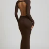 Regine Modal Ruched Backless Maxi Dress in Chocolate Brown