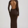 Regine Modal Ruched Backless Maxi Dress in Chocolate Brown