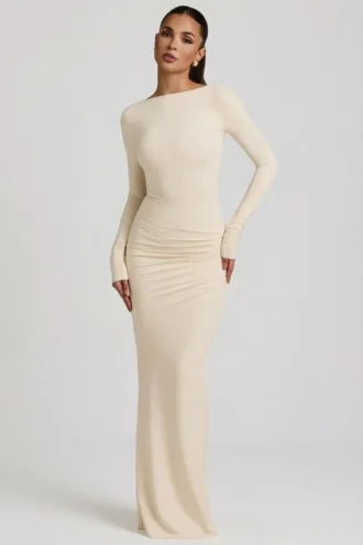 Regine Modal Ruched Backless Maxi Dress in Ivory