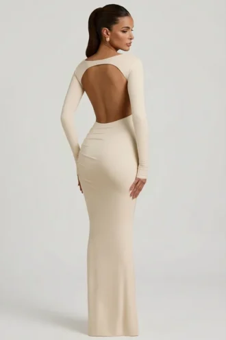Regine Modal Ruched Backless Maxi Dress in Ivory