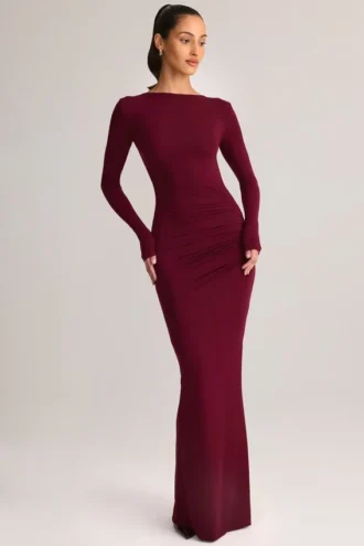 Regine Modal Ruched Backless Maxi Dress in Wine