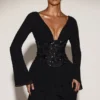 Reinara Chiffon Embellished Corset A-line Mini Dress in Black