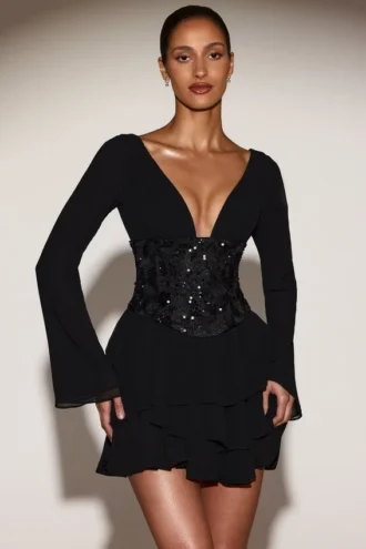 Reinara Chiffon Embellished Corset A-line Mini Dress in Black