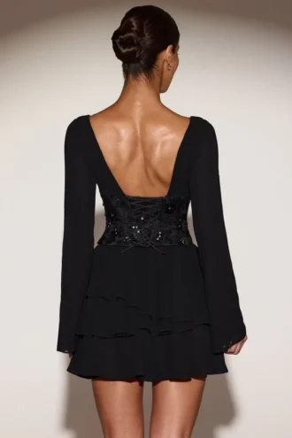 Reinara Chiffon Embellished Corset A-line Mini Dress in Black