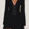 Reinara Chiffon Embellished Corset A-line Mini Dress in Black