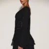 Reinara Chiffon Embellished Corset A-line Mini Dress in Black