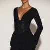 Reinara Chiffon Embellished Corset A-line Mini Dress in Black