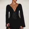 Reinara Chiffon Embellished Corset A-line Mini Dress in Black