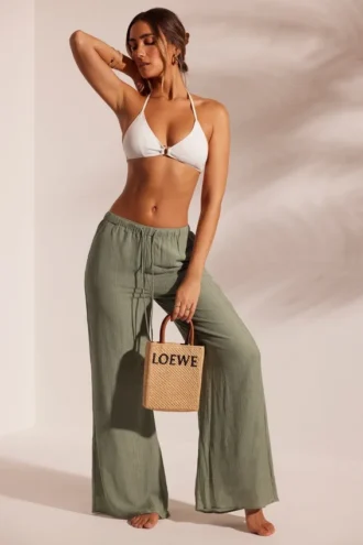 Resort Wear Crinkle Textured Beach Trousers in Light Green