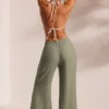 Resort Wear Crinkle Textured Beach Trousers in Light Green