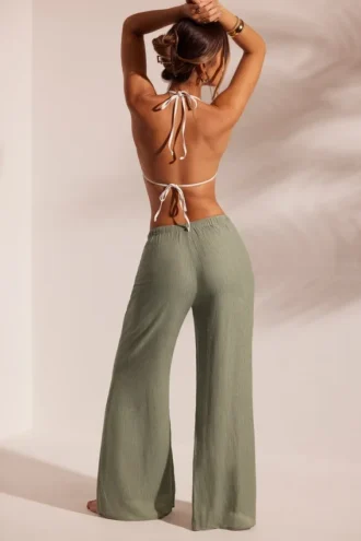 Resort Wear Crinkle Textured Beach Trousers in Light Green