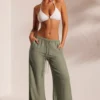Resort Wear Crinkle Textured Beach Trousers in Light Green