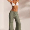 Resort Wear Crinkle Textured Beach Trousers in Light Green