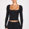 Retta Ribbed Modal Square-Neck Long-Sleeve Top in Black