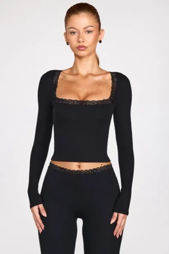 Retta Ribbed Modal Square-Neck Long-Sleeve Top in Black