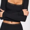 Retta Ribbed Modal Square-Neck Long-Sleeve Top in Black