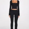 Retta Ribbed Modal Square-Neck Long-Sleeve Top in Black