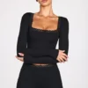 Retta Ribbed Modal Square-Neck Long-Sleeve Top in Black