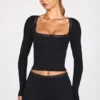 Retta Ribbed Modal Square-Neck Long-Sleeve Top in Black