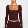 Retta Ribbed Modal Square-Neck Long-Sleeve Top in Chocolate Brown