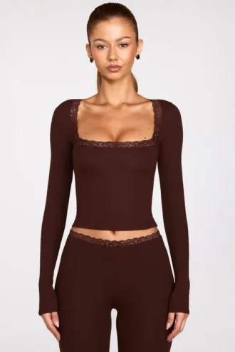 Retta Ribbed Modal Square-Neck Long-Sleeve Top in Chocolate Brown