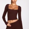 Retta Ribbed Modal Square-Neck Long-Sleeve Top in Chocolate Brown
