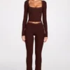 Retta Ribbed Modal Square-Neck Long-Sleeve Top in Chocolate Brown