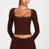 Retta Ribbed Modal Square-Neck Long-Sleeve Top in Chocolate Brown
