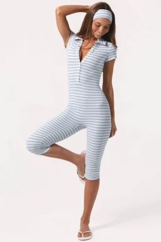 Ribbed Jersey Capri Jumpsuit in Blue Stripe