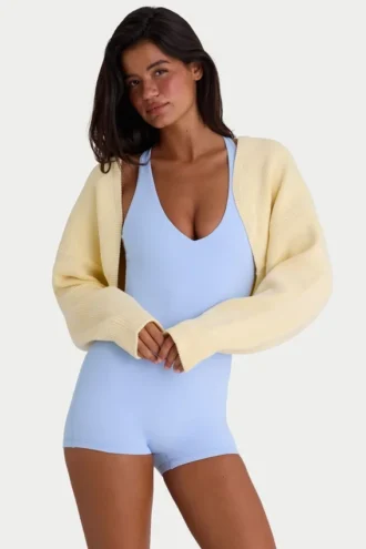 Ribbed-Knit Cropped Shrug in Lemon