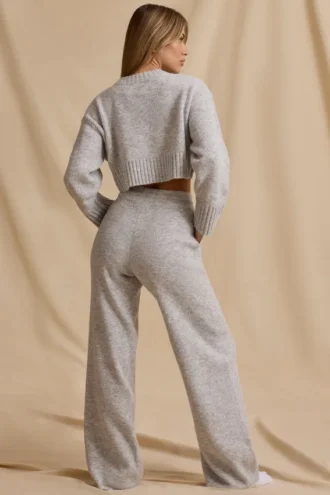 Ribbed Knit Mid-Rise Wide-Leg Joggers in Ice Marl
