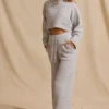 Ribbed Knit Mid-Rise Wide-Leg Joggers in Ice Marl