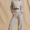 Ribbed Knit Mid-Rise Wide-Leg Joggers in Ice Marl